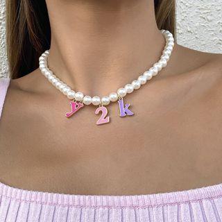 Lettering Glaze Pendant Faux Pearl Choker