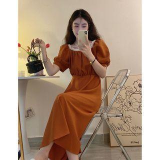 Puff-sleeve Square-neck Lace Trim Lace-up Dress