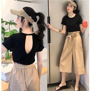 Short-sleeve Open Back T-shirt / Paperbag Waist Capri Wide-leg Pants