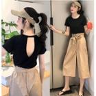 Short-sleeve Open Back T-shirt / Paperbag Waist Capri Wide-leg Pants