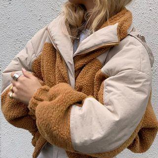 Color-block Turtle-neck Faux Shearling Jacket
