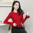 Bell-sleeve Plain Peplum Knit Top