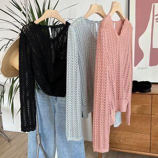 Long-sleeve V-neck Perforated Knit Top