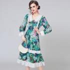 Long-sleeve Floral Frill Trim Midi A-line Dress