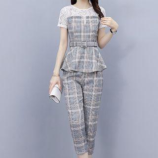 Set: Short-sleeve Plaid Top + Dress Pants