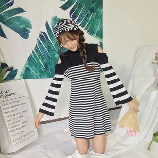 Cutout-shoulder Striped Knit Dress