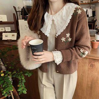 V-neck Flower-embroidered Cardigan