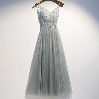 Spaghetti Strap Flower Embroidered Sheath Evening Gown