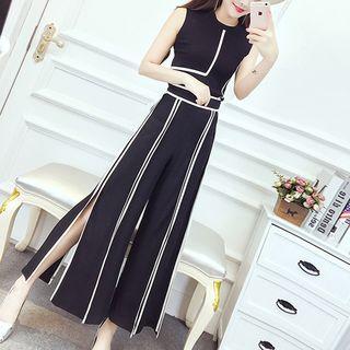 Set: Contrast Trim Tank Top + Wide Leg Pants