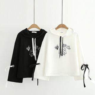 Cat Printed Long-sleeve Top With Bow-knot