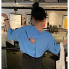 Plain Cutout-back Elbow-sleeve T-shirt