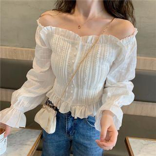 Long-sleeve Off-shoulder Frill Trim Blouse