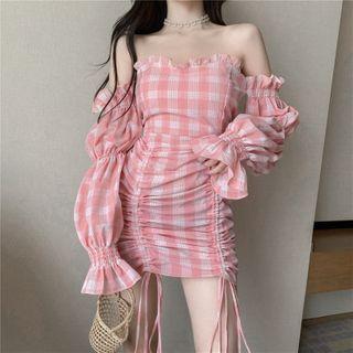 Check Off-shoulder Long-sleeve Slim-fit Dress
