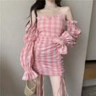 Check Off-shoulder Long-sleeve Slim-fit Dress
