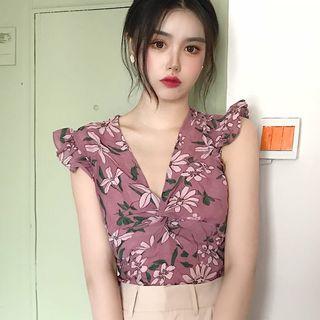 Cap-sleeve Floral Top Purple - One Size