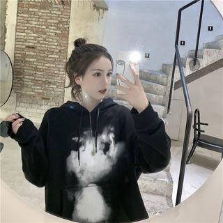 Long-sleeve Printed Hooded Pullover Black - One Size