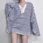 Long-sleeve Striped Lace-up T-shirt Stripe - Blue & White - One Size