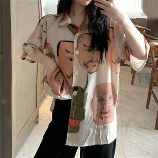 Face Print Short-sleeve Blouse Off White - One Size
