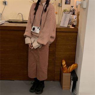 Long-sleeve Collar Pullover / Corduroy Slit Midi Skirt