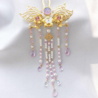 Butterfly Faux Pearl Faux Crystal Fringed Hair Clip