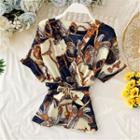 V-neck Printed Short-sleeve Blouse With Sash As Shown In Figure - One Size