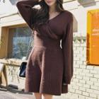 Long-sleeve Knit A-line Dress Brown - One Size