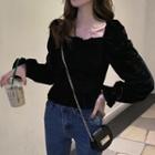 Puff-sleeve Smocked Velvet Blouse Black - One Size
