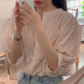 Puff-sleeve Floral Blouse Floral - Pink - One Size