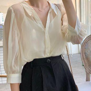 Set: 3/4-sleeve Chiffon Sheer Blouse + Plain Camisole