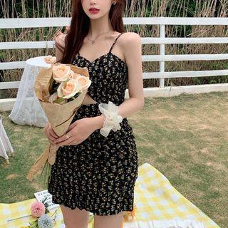 Spaghetti Strap Flower Print Mini Sheath Dress Floral - Tangerine & Black - One Size