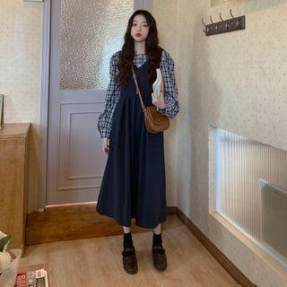 Plain Midi A-line Overall Dress / Plaid Blouse