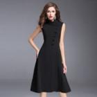 Sleeveless Mock-neck Buttoned A-line Dress