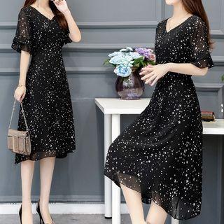 Short-sleeve V-neck Lace Chiffon A-line Dress