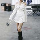 Long-sleeve Cold Shoulder Drawstring Mini A-line Dress