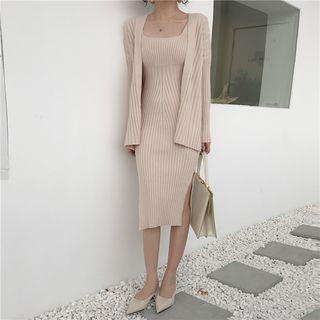 Set: Plain Cardigan + Strappy Knit Sheath Dress