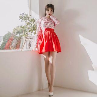 Set: Hanbok Top (floral / Wine Red) + Skirt (mini / Red)