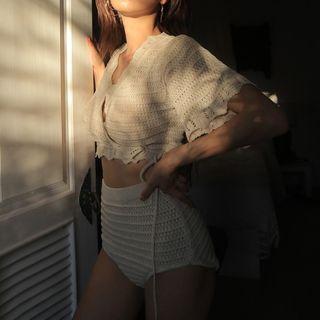 Set Of 2: Short-sleeve Knit Swim Top + Swim Shorts Off-white - One Size