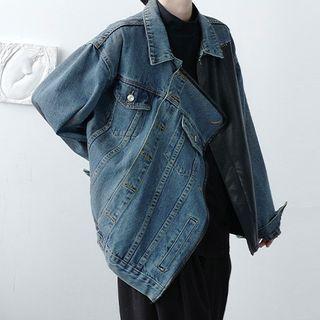 Asymmetric Faux Leather Panel Denim Jacket