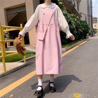 Long-sleeve Peter Pan Collar Blouse / Midi A-line Pinafore Dress