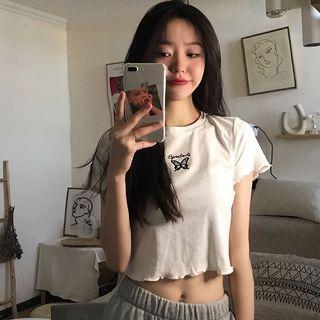 Short-sleeve Ruffle Trim Embroidered Printed T-shirt