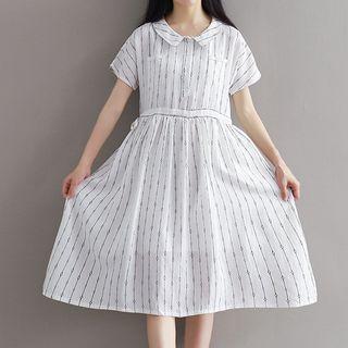 Striped Short Sleeve Collared Midi Dress