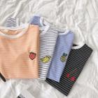 Fruit Embroidered Striped Crewneck Short-sleeve Top