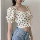 Puff-sleeve Lace Trim Floral Cropped T-shirt
