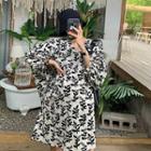 V-neck Batwing-sleeve Foliage Dress Black - One Size