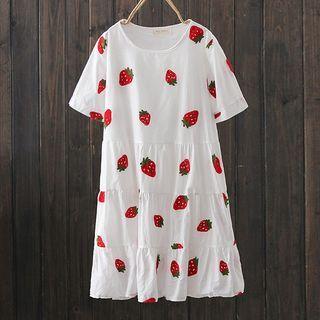 Short-sleeve Strawberry Embroidered A-line Dress White - One Size