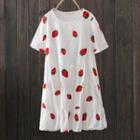 Short-sleeve Strawberry Embroidered A-line Dress White - One Size