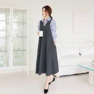 Flap-pocket Flared Pinafore Dress