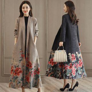 Long Floral Print Open-front Suede Jacket