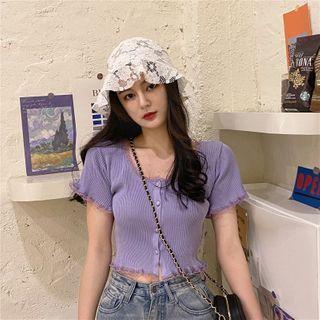 Short-sleeve Lace Trim Ribbed Cardigan Purple - One Size
