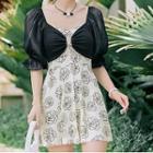 Puff-sleeve Bow Rose Print Swim Dress